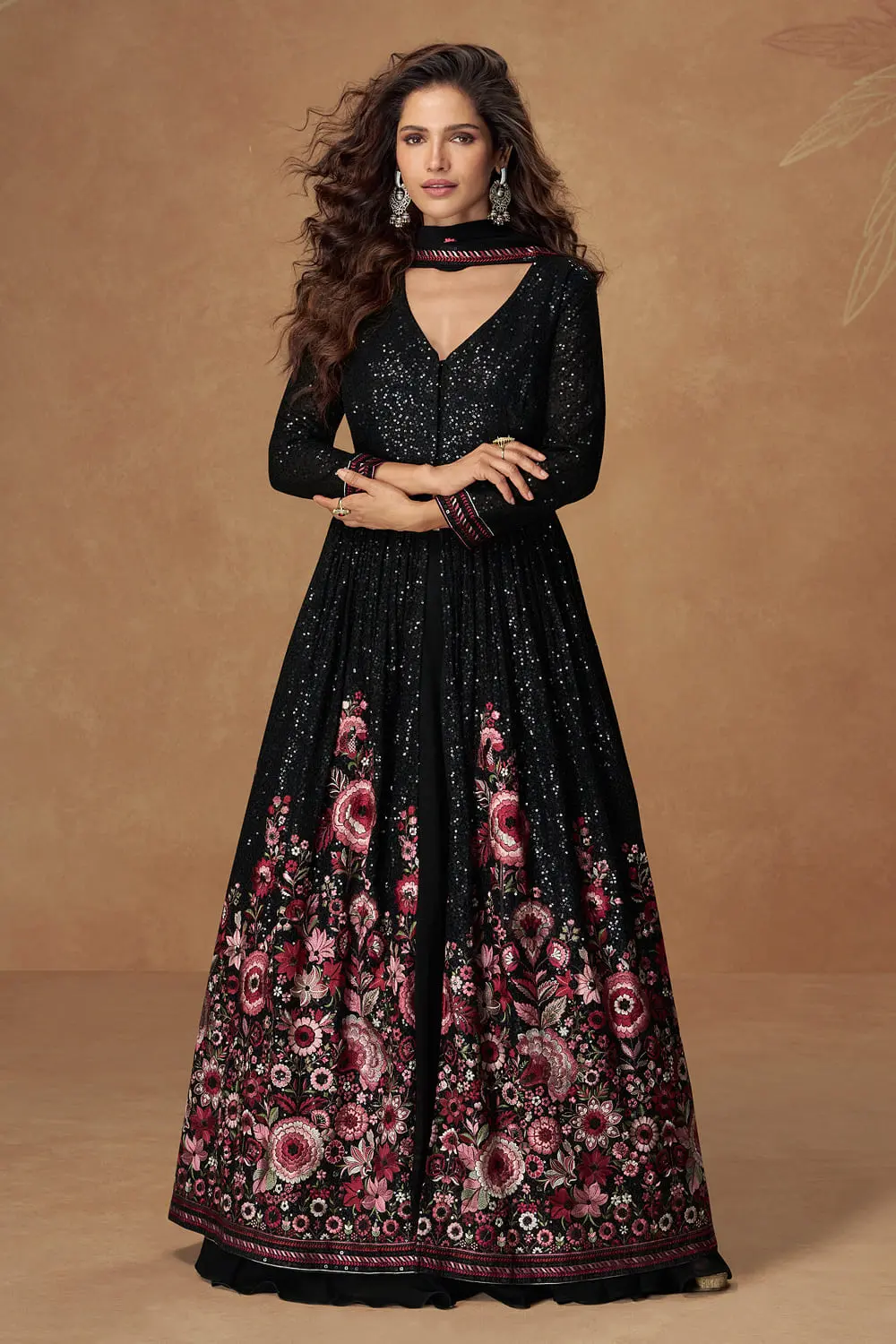 Black floral anarkali gown for party in flowing georgette by Khaish