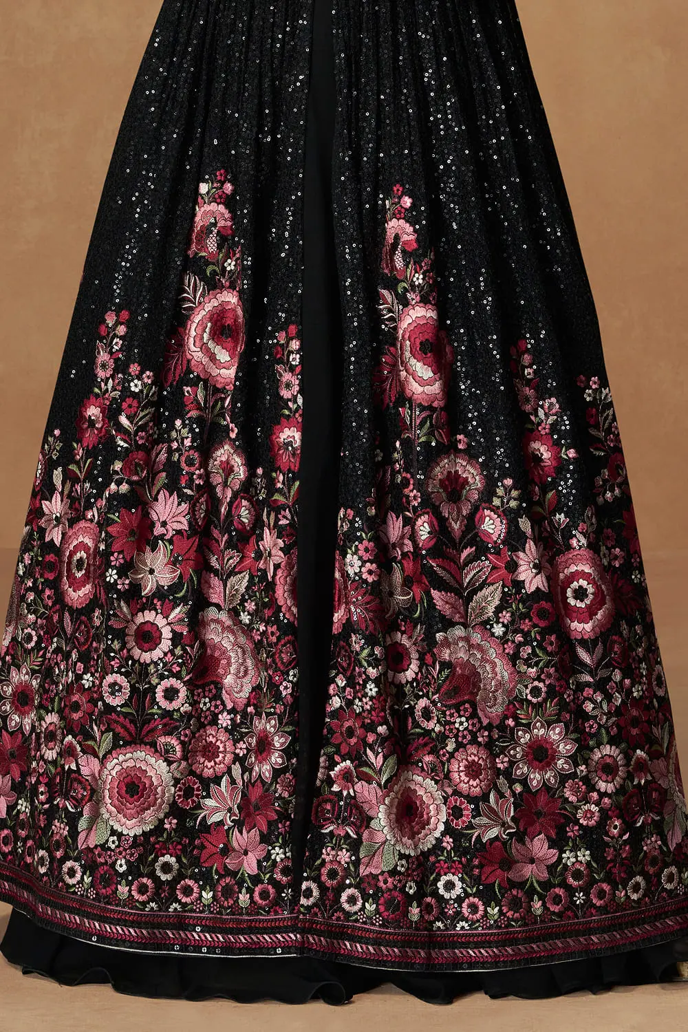 Bottom flare of black floral georgette anarkali gown