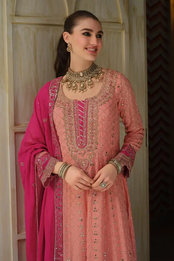 Peach georgette anarkali gown with dupatta full view