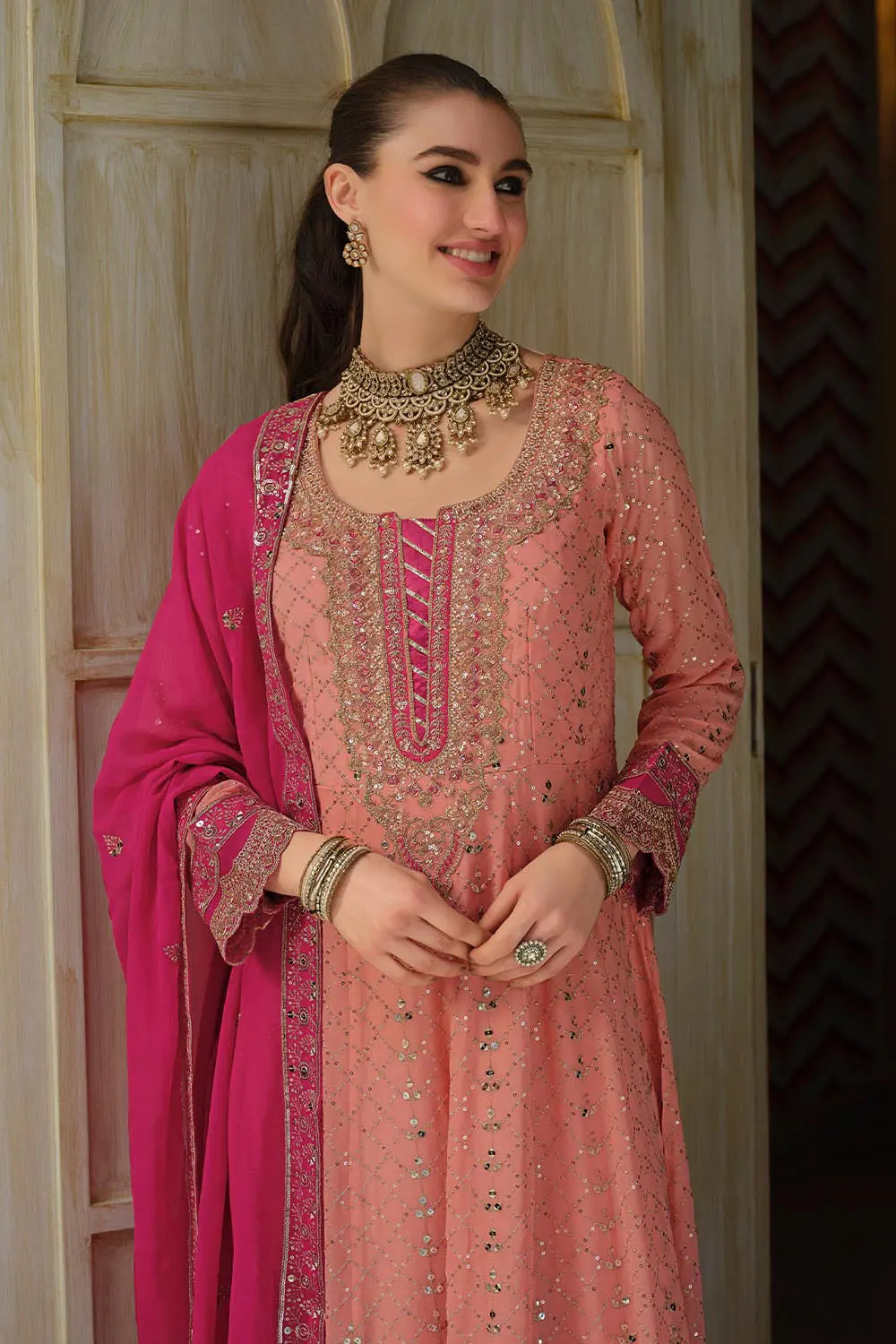 Peach georgette anarkali gown with dupatta full view