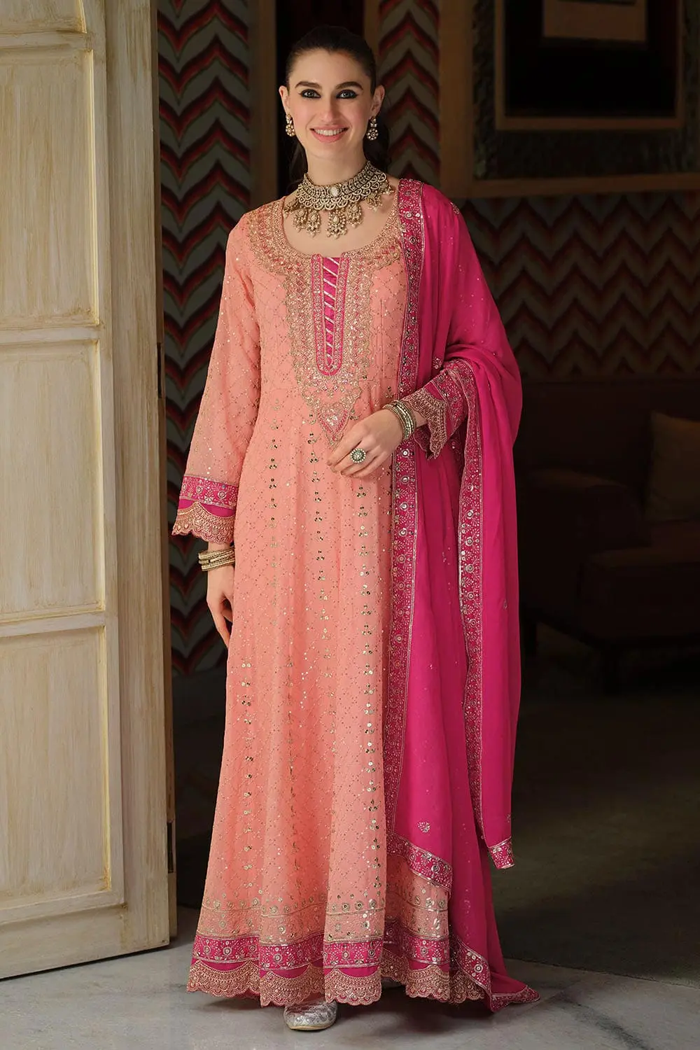 Close up of peach georgette anarkali gown bodice detailing