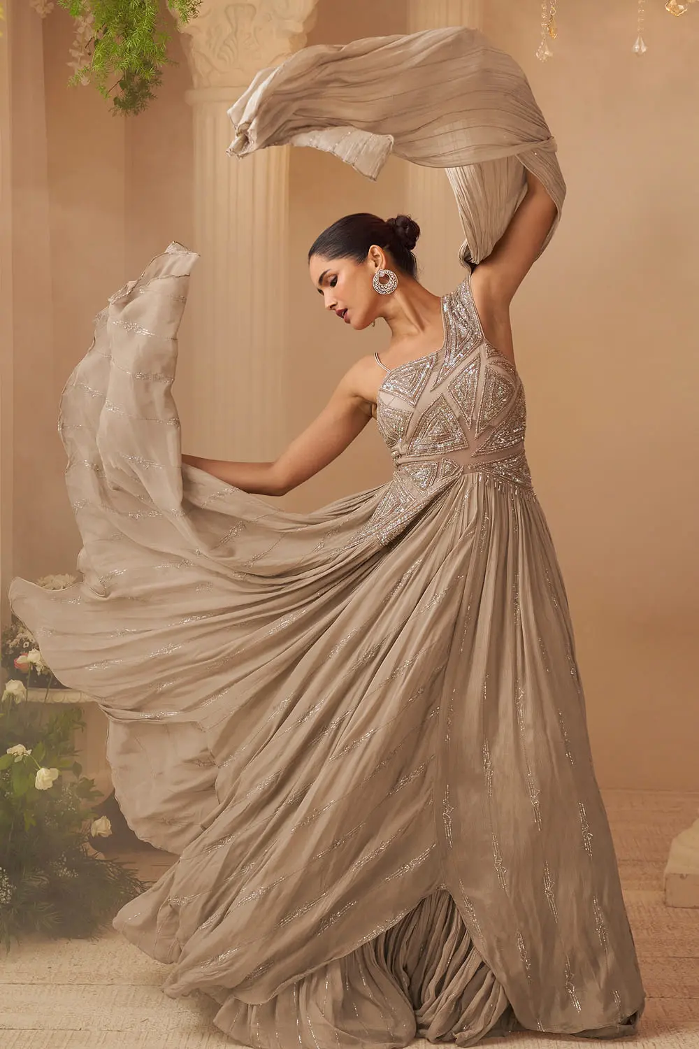 Beige cape style gown for reception in real chinon silk with embroidery by Khaish