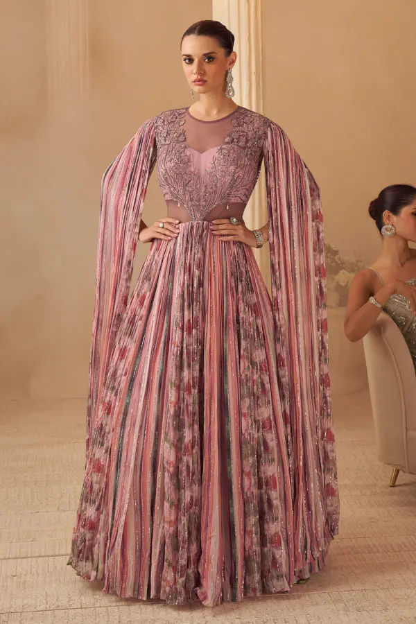 Rose pink cape style wedding gown in real chinon silk with embroidery by Khaish