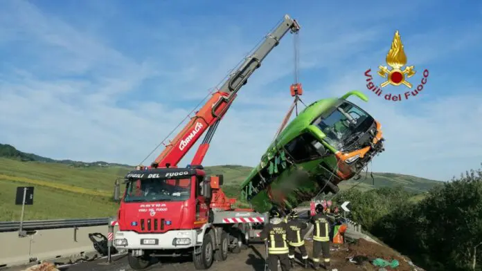 Pullman si ribalta sulla A16, un morto e 15 feriti