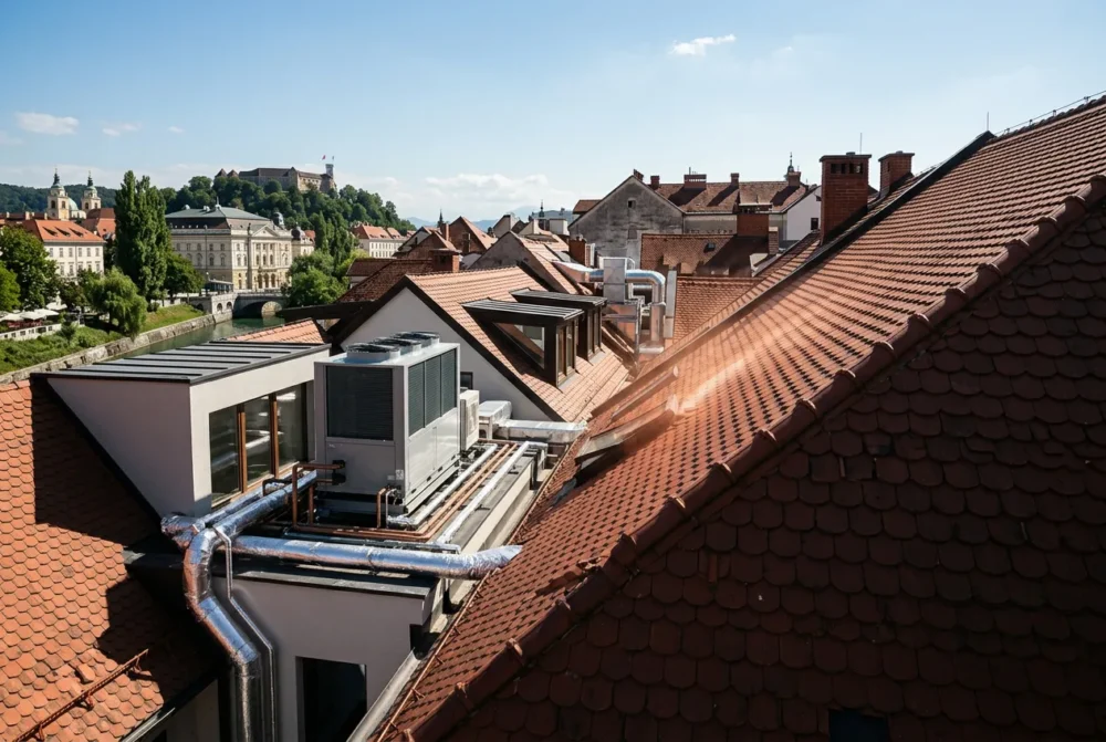 Moderna notranja enota klimatske naprave, nameščena na vertikalno steno pod poševnim stropom v svetli mansardi.