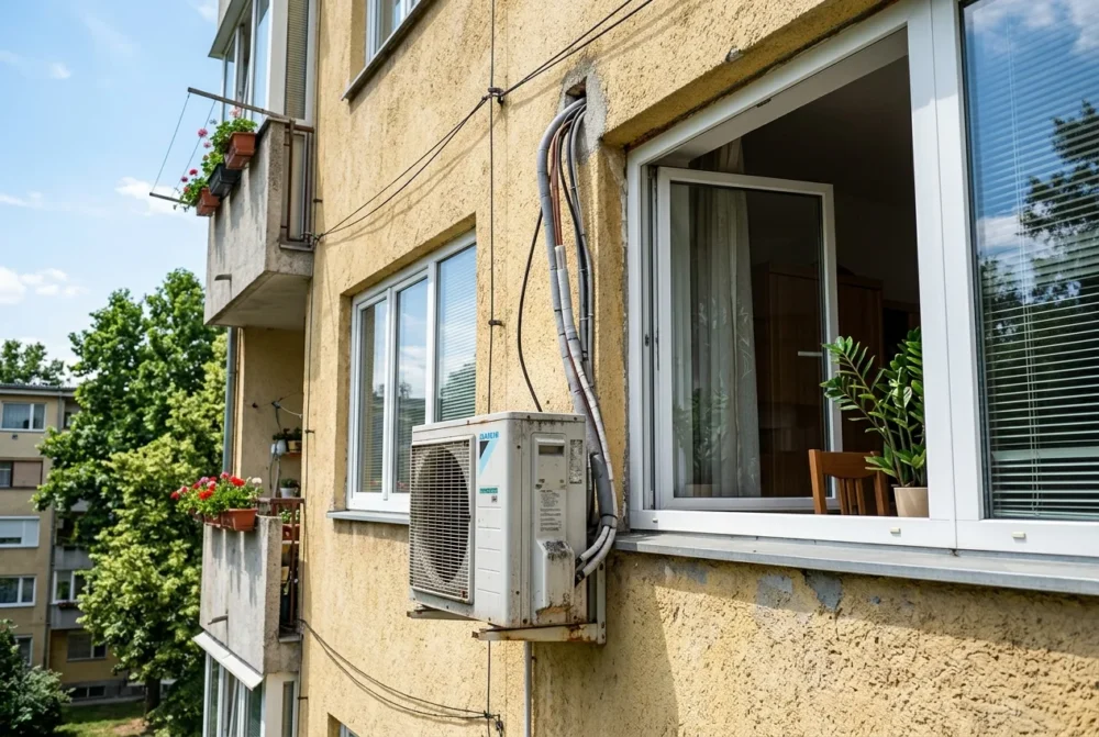 Zunanja enota klimatske naprave na fasadi stanovanjskega objekta ob oknu.